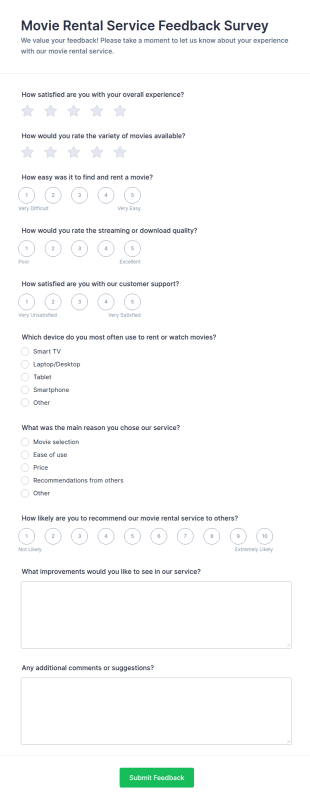 Movie Rental Service Feedback Survey Form Template