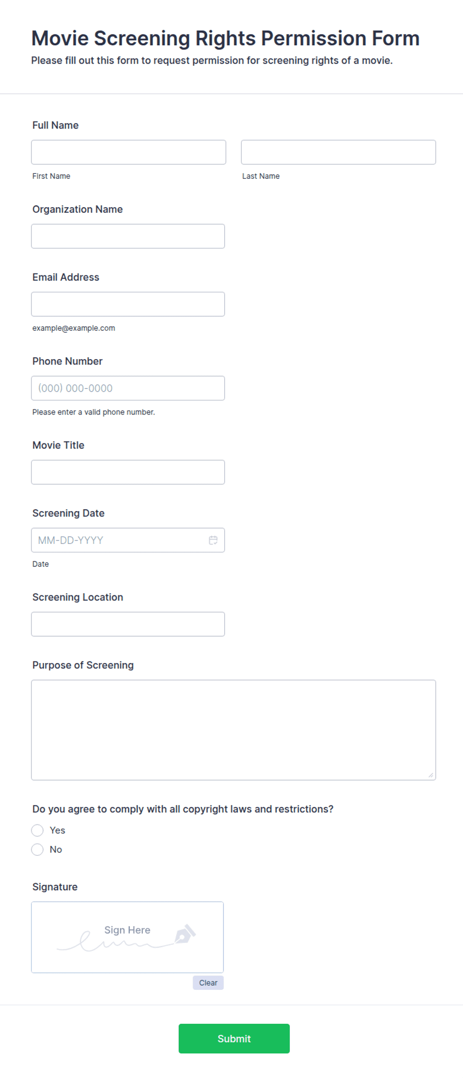 Movie Screening Rights Permission Form Template | Jotform