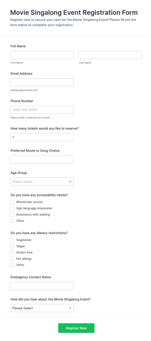 Movie Singalong Event Registration Form Template
