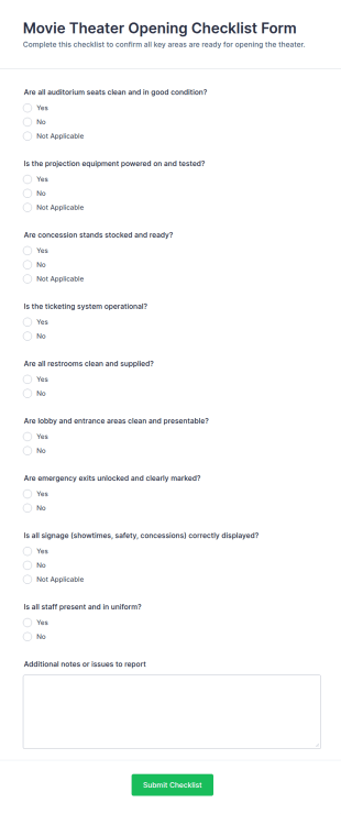Movie Theater Opening Checklist Form Template