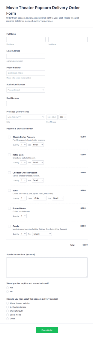 Movie Theater Popcorn Delivery Order Form Template