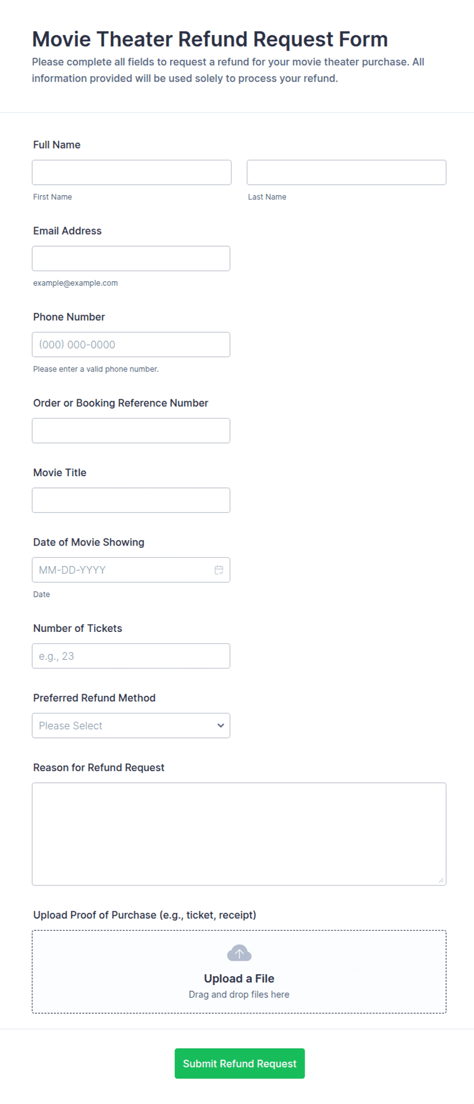 Movie Theater Refund Request Form Template | Jotform