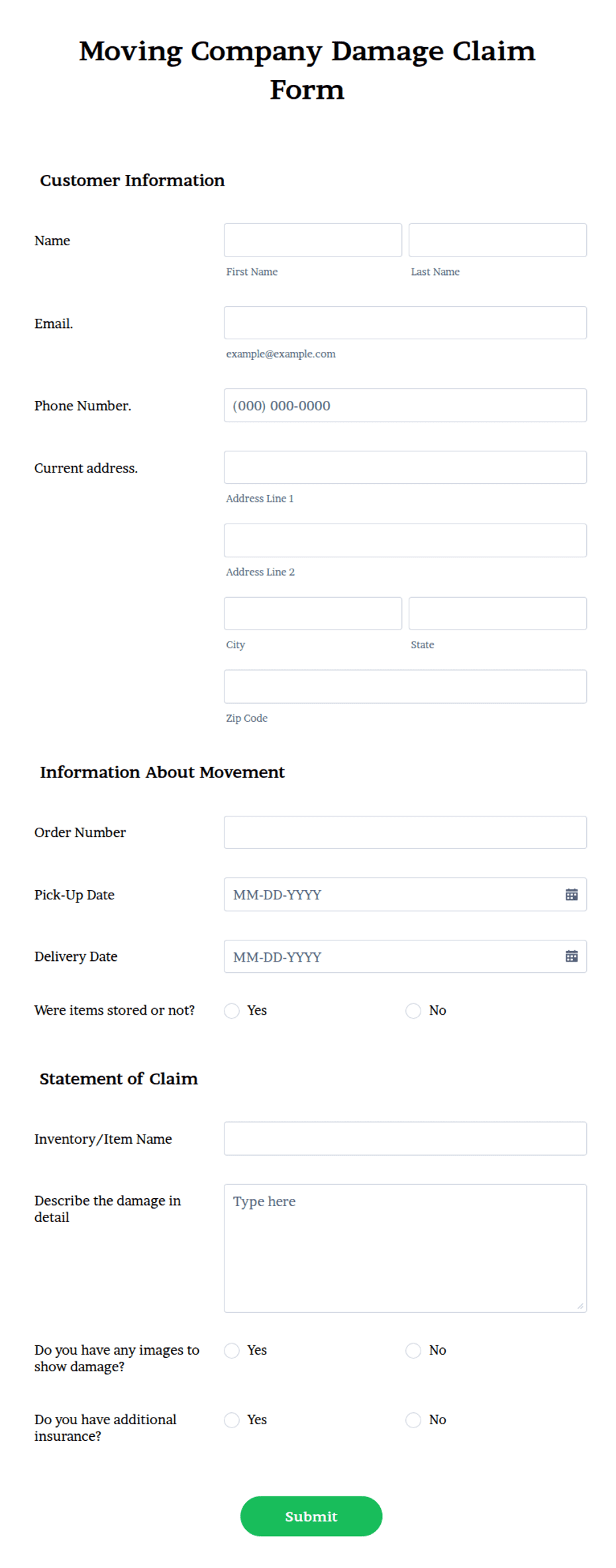 Damage Claim Moving Company Damage Claim Form Template | Jotform