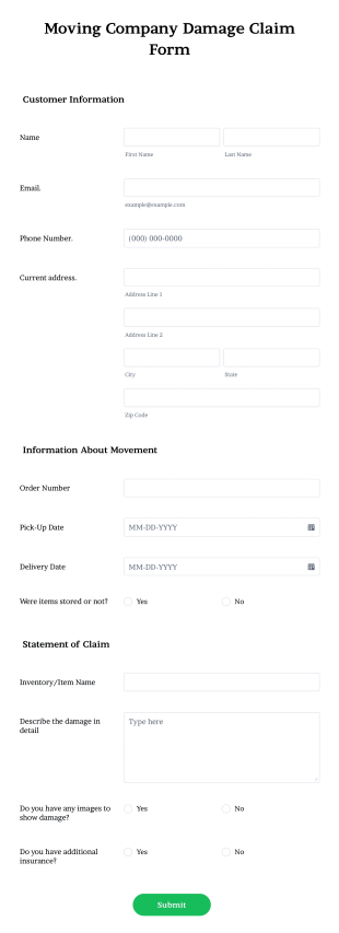 Moving Company Damage Claim Form Template
