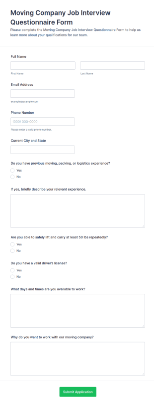 Moving Company Job Interview Questionnaire Form Template