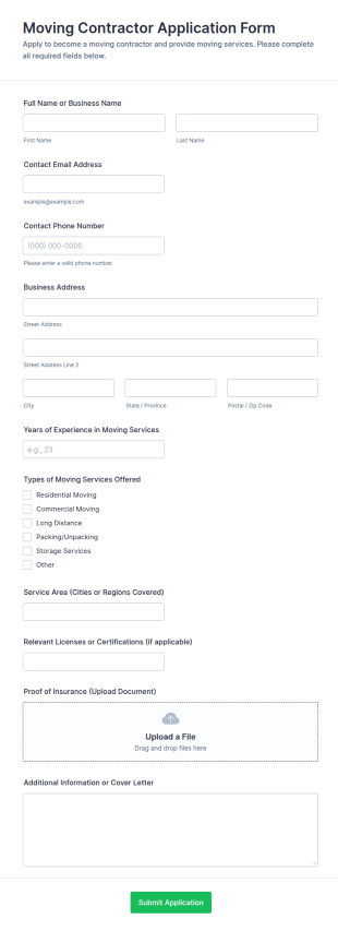 Moving Contractor Application Form Template