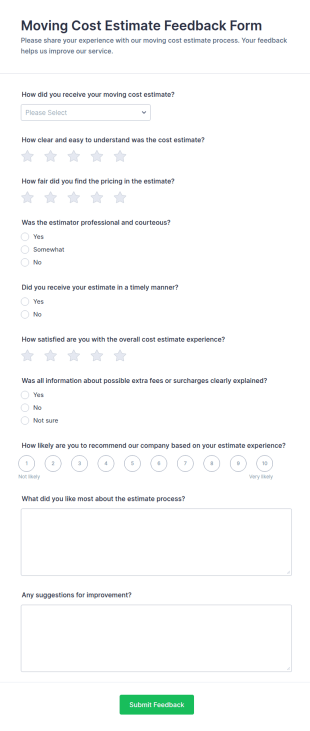 Moving Cost Estimate Feedback Form Template