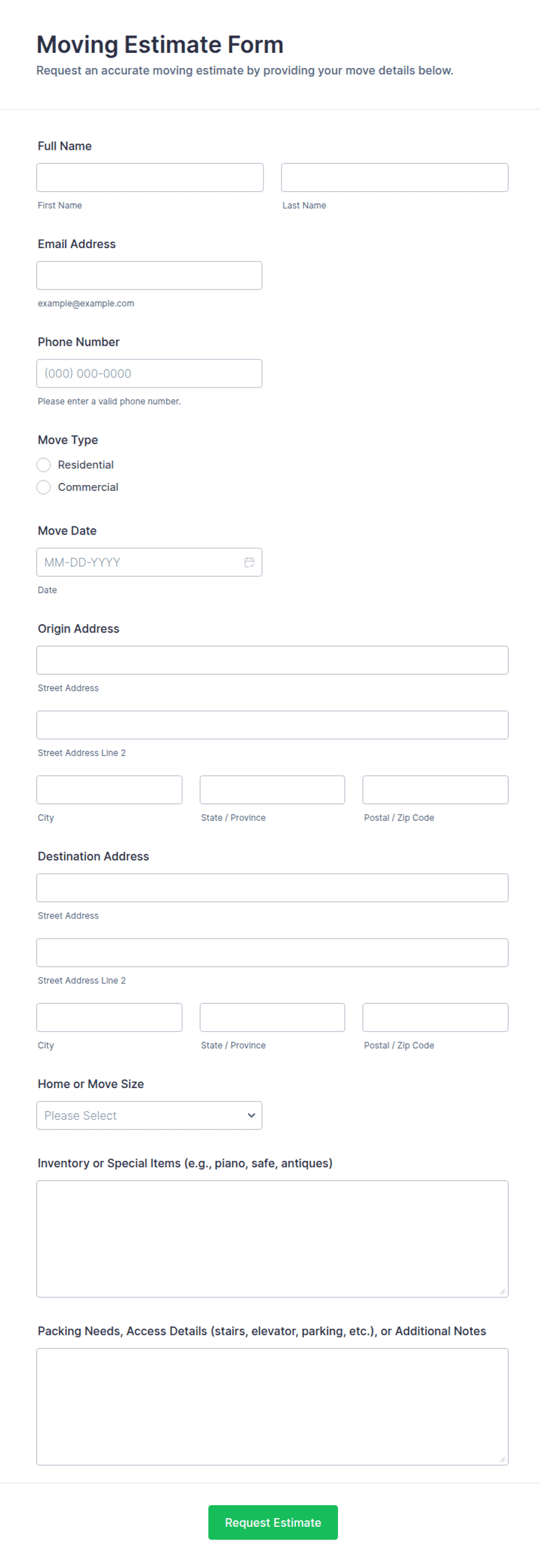 Moving Estimate Form Template | Jotform
