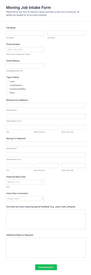 Moving Job Intake Form Template