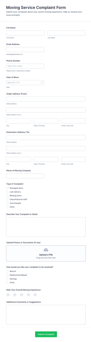 Moving Service Complaint Form Template