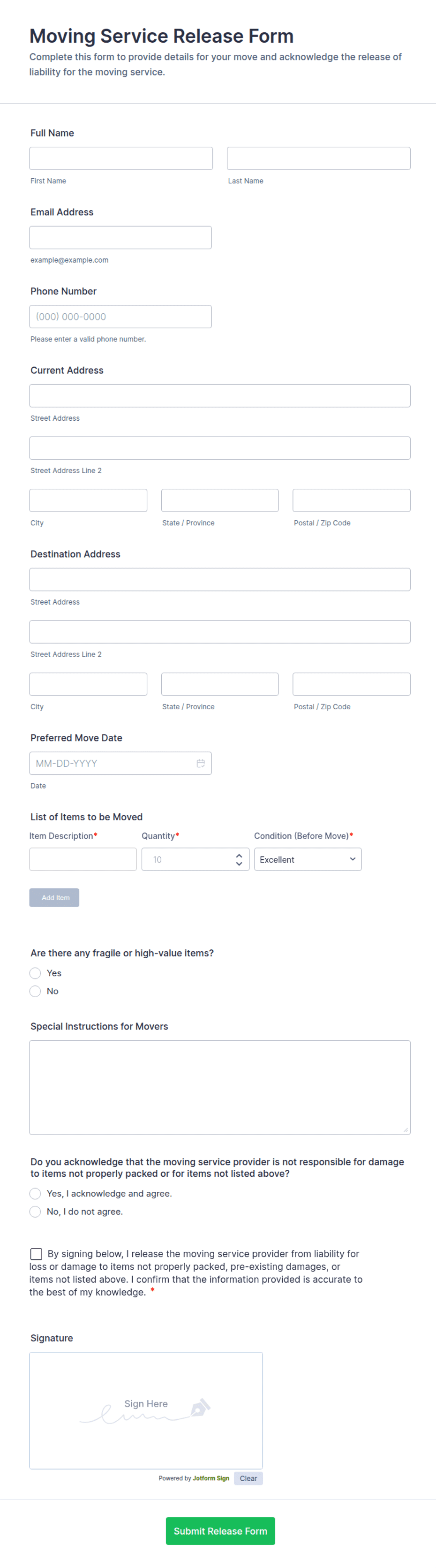 Moving Service Release Form Template | Jotform