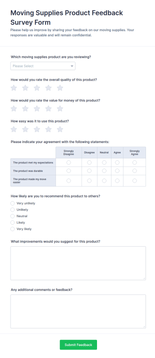 Moving Supplies Product Feedback Survey Form Template
