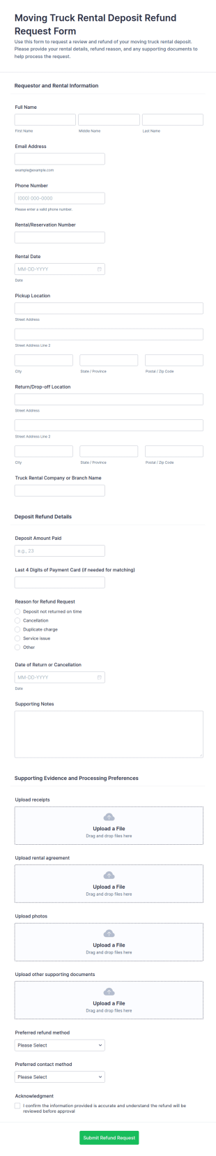 Moving Truck Rental Deposit Refund Request Form Template