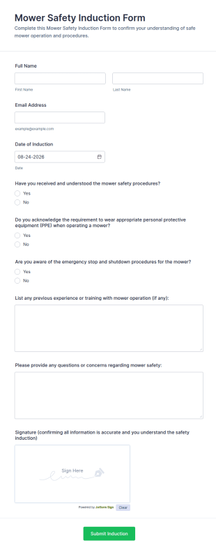 Mower Safety Induction Form Template