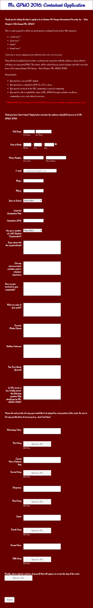 Contestant Application Form Template