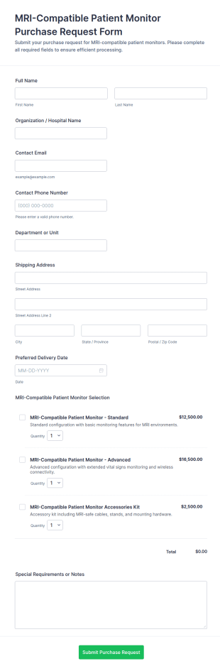 MRI Compatible Patient Monitor Purchase Request Form Template