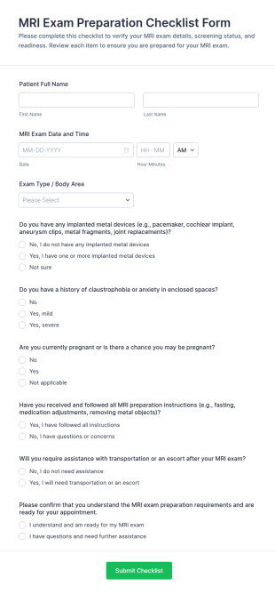MRI Exam Preparation Checklist Form Template