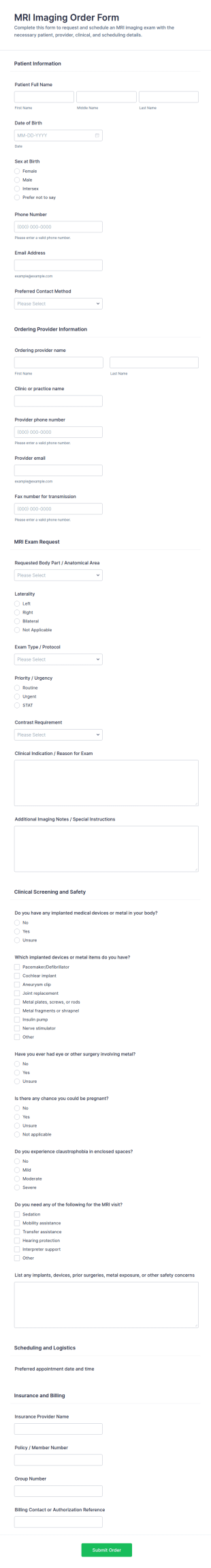 MRI Imaging Order Form Template