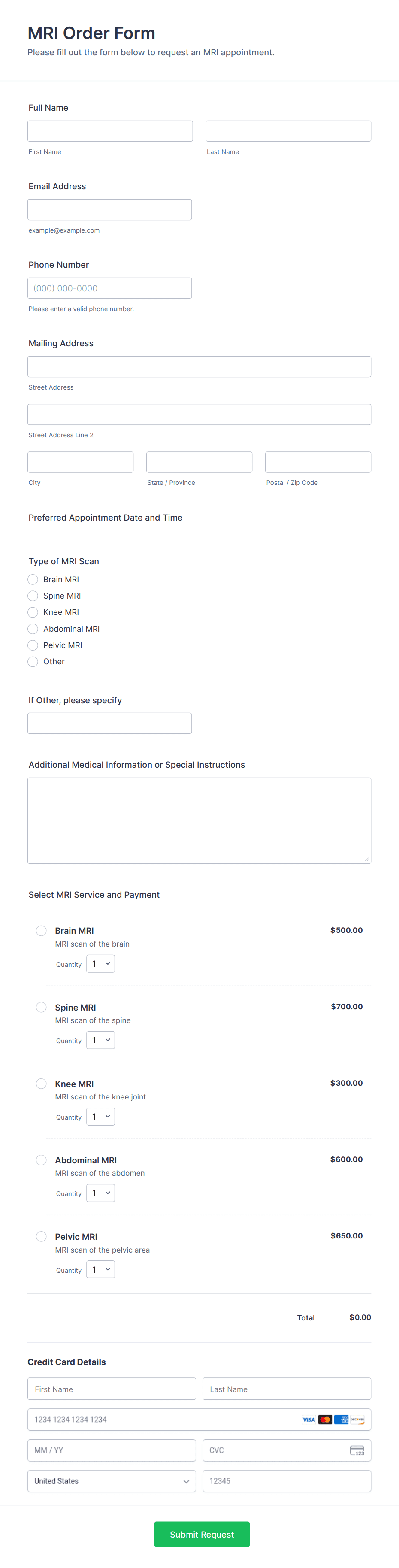 MRI Order Form Template | Jotform