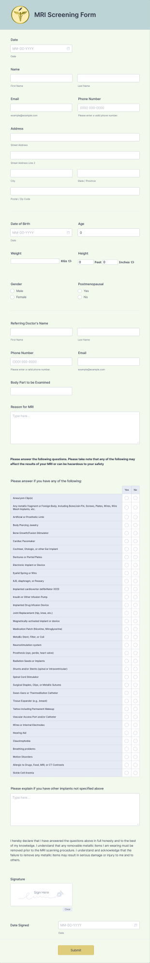 MRI Screening Form Template