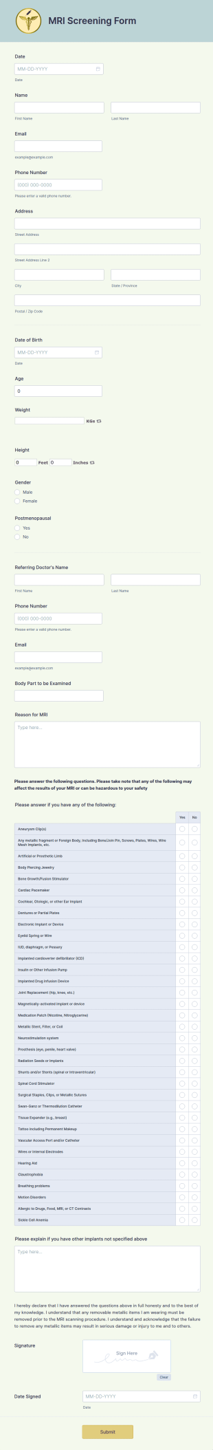 MRI Screening Form Template
