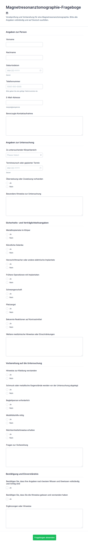 MRT Untersuchungsformular