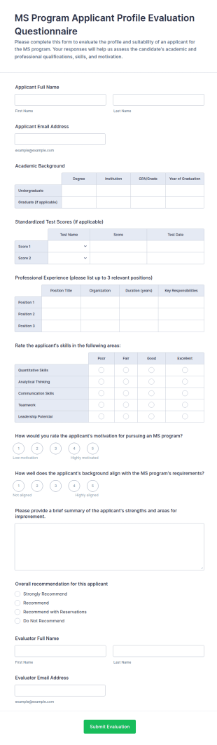 MS Program Applicant Profile Evaluation Questionnaire Form Template