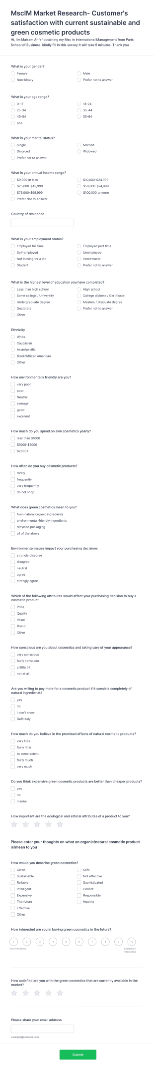 MscIM Market Research Customer's Satisfaction With Current Sustainable And Green Cosmetic Products Form Template