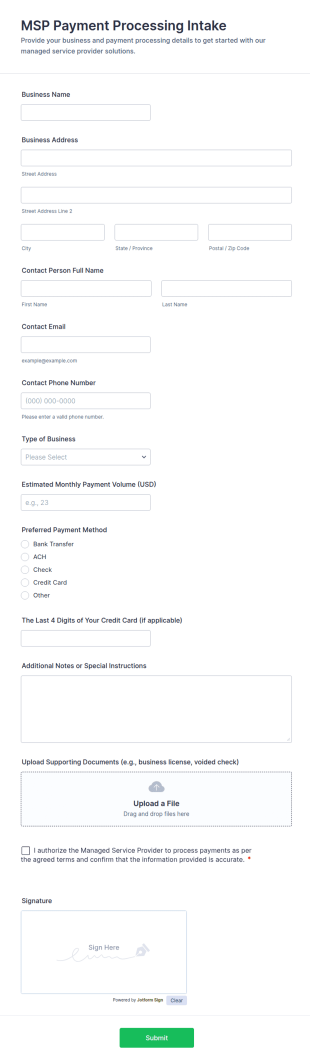 MSP Payment Processing Intake Form Template
