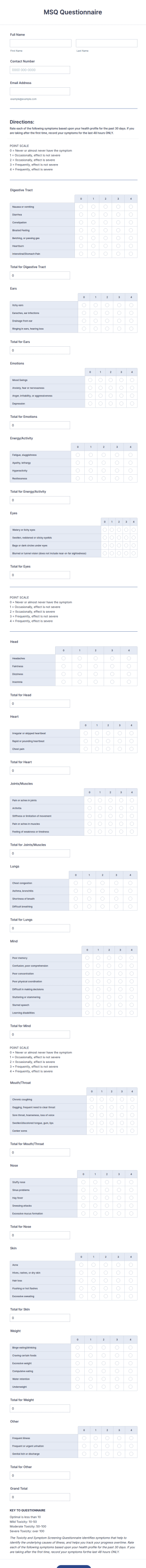 MSQ Questionnaire Form Template