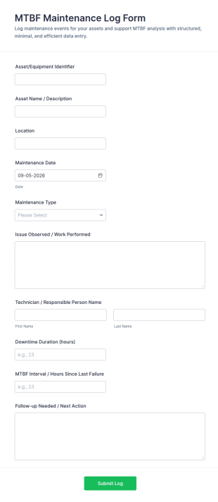 MTBF Maintenance Log Form Template