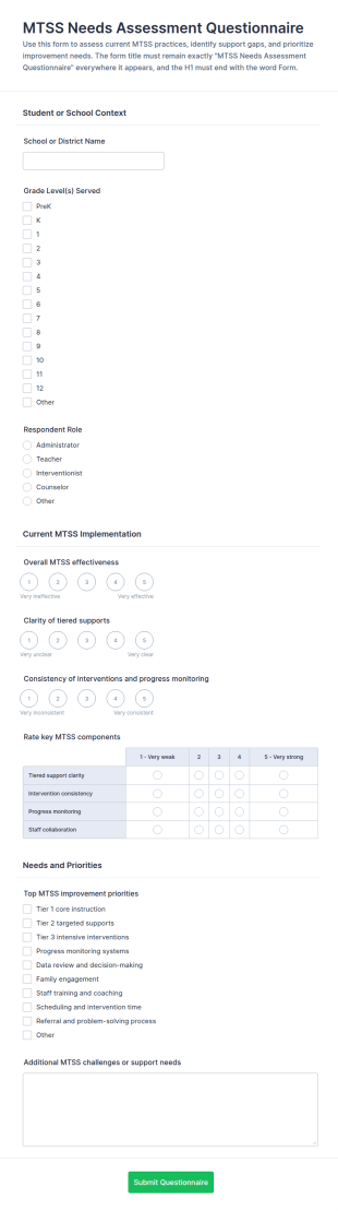 MTSS Needs Assessment Questionnaire Form Template