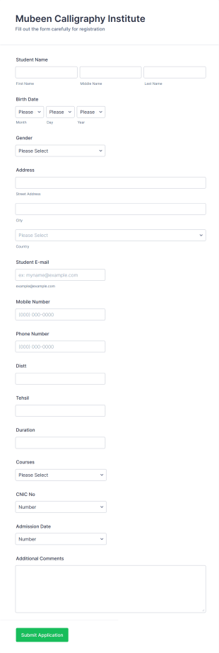 Calligraphy Registration Form Template