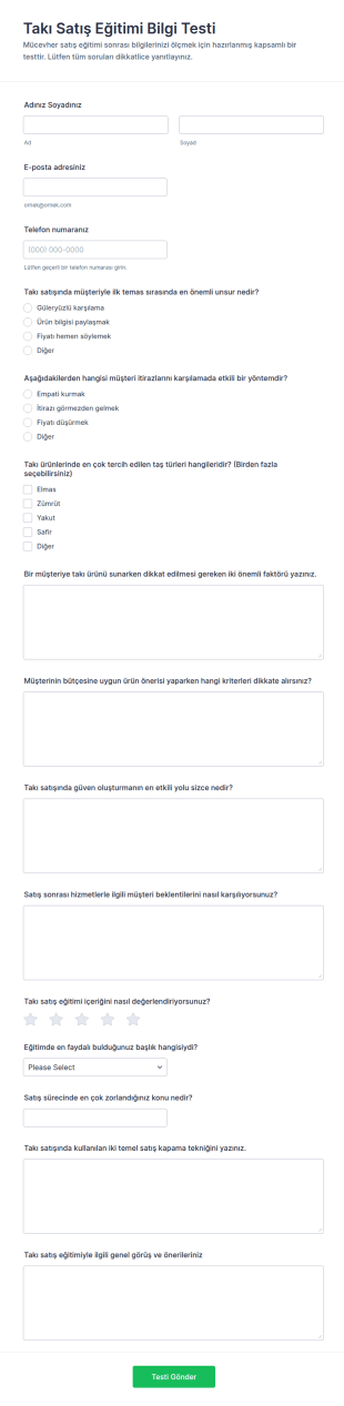 Mücevher Satış Eğitimi Değerlendirme Anketi Form Şablonu