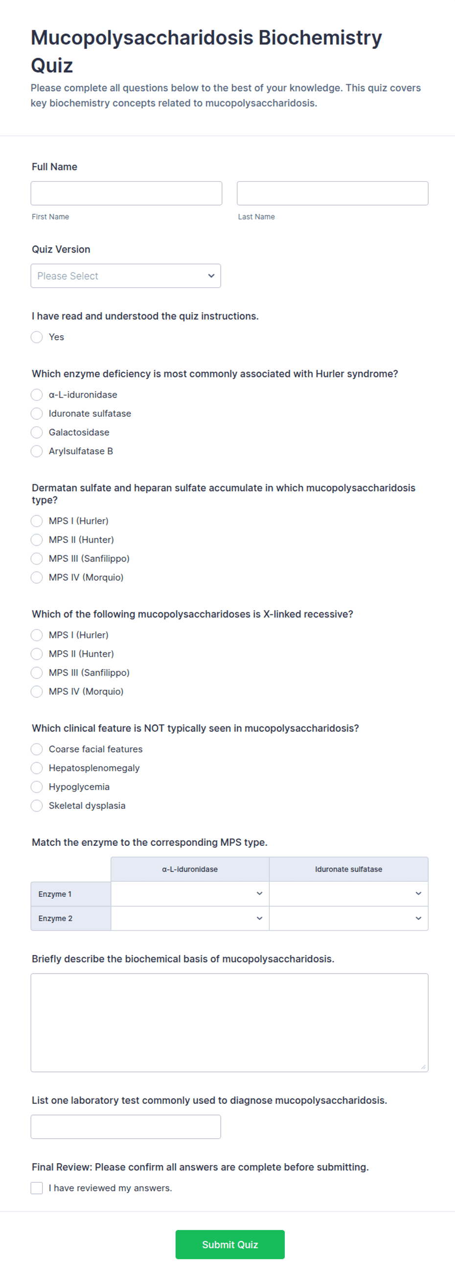 Mucopolysaccharidosis Biochemistry Quiz Form Template | Jotform