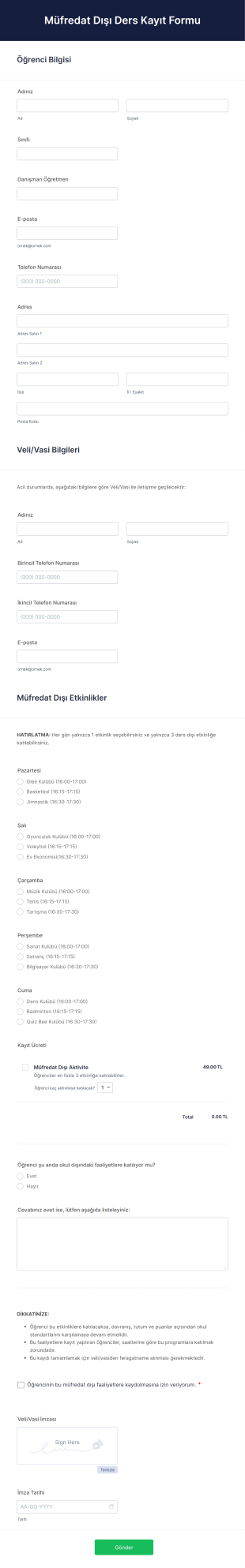 Müfredat Dışı Ders Kayıt Form Template