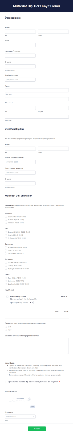 Müfredat Dışı Ders Kayıt Form Şablonu