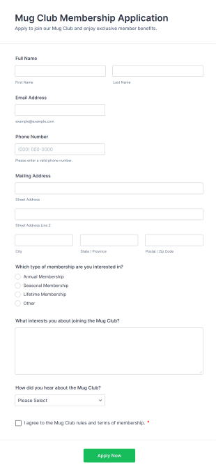 Mug Club Membership Application Form Template