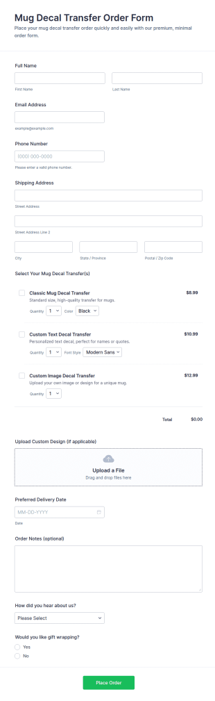 Mug Decal Transfer Order Form Template