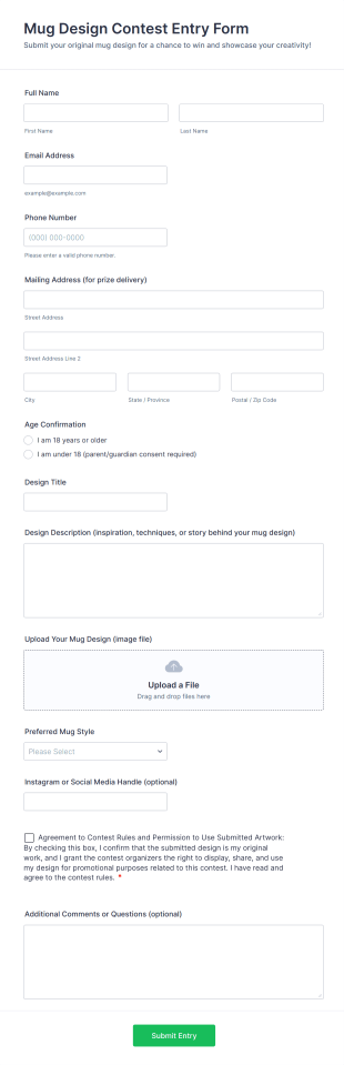 Mug Design Contest Entry Form Form Template