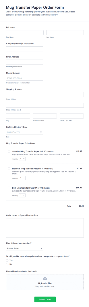 Mug Transfer Paper Order Form Template