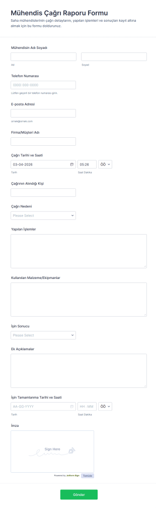 Mühendis Çağrı Raporu Form Şablonu