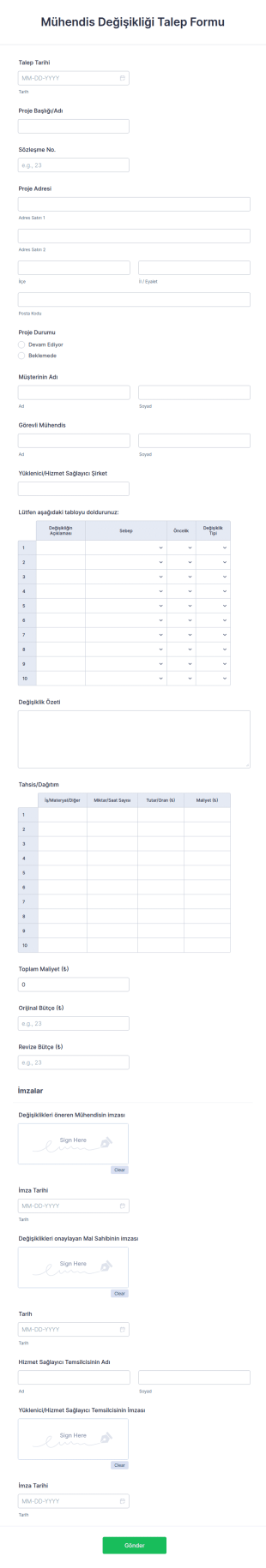 Mühendis Değişikliği Talep Form Şablonu