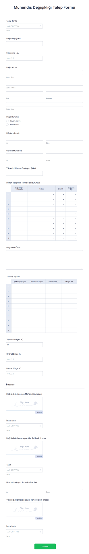 Mühendis Değişikliği Talep Form Şablonu