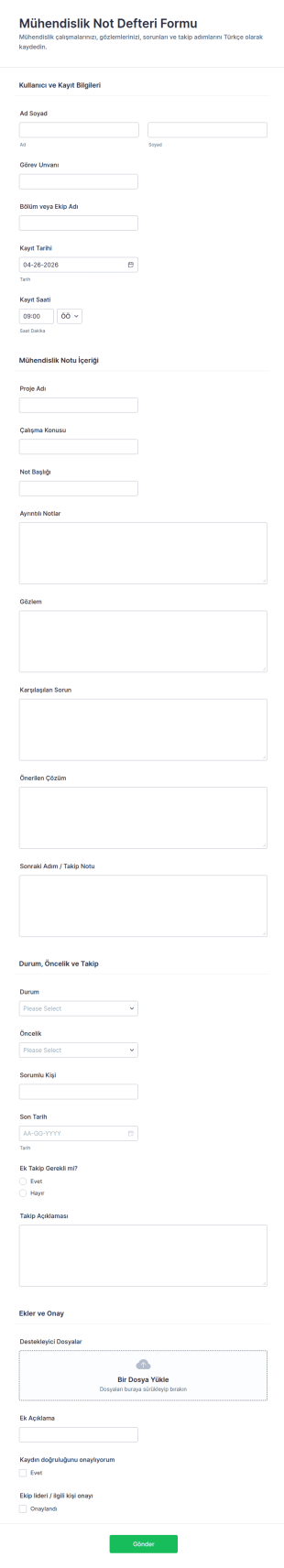Mühendislik Günlüğü Formu 📓🛠️ Form Şablonu