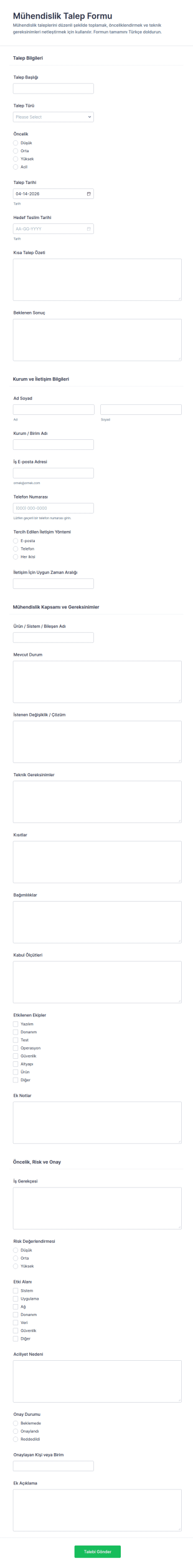 Mühendislik Talep Form Şablonu