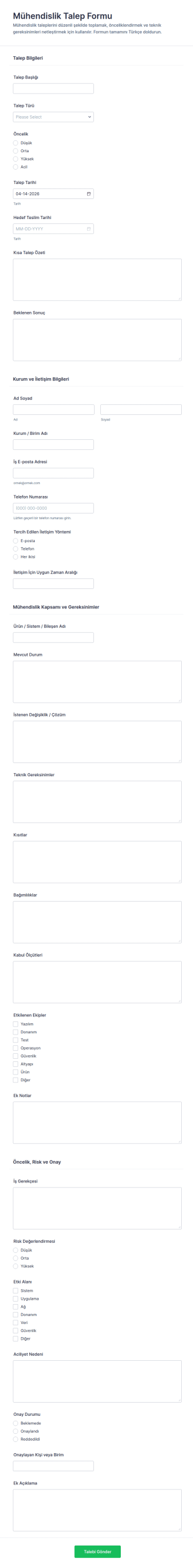 Mühendislik Talep Form Şablonu