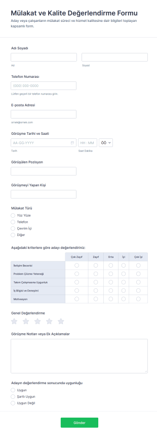 Mülakat Ve Kalite Değerlendirme Form Şablonu