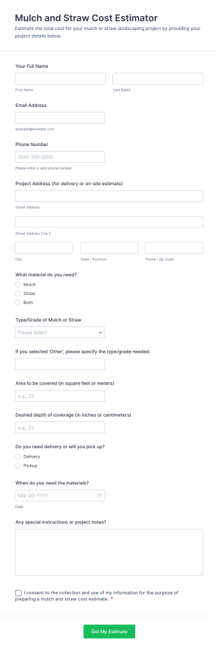 Mulch And Straw Cost Estimator Form Template