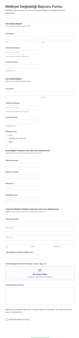 Mülkiyet Değişikliği Başvuru Form Şablonu